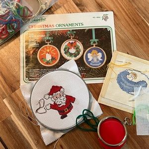 Vintage Christmas Crosstitch Ornaments Santa Needlepoint Set of 3